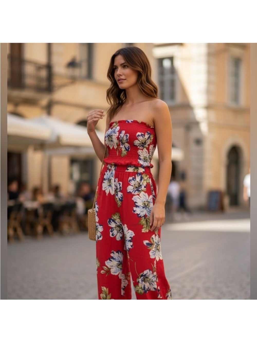 NWT  B.O.G. Collective Women’s Red Floral Strapless Jumpsuit - Size L COTTON - Picture 2 of 16